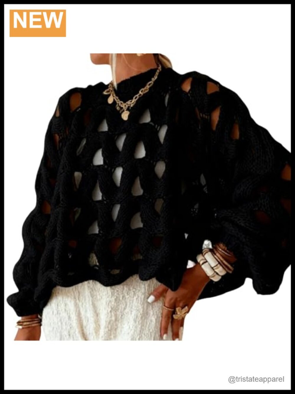 Oversized Hollow Out Chunky Crochet Pullover Sweater Long Sleeve Crew Neck Women